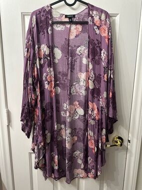 Torrid Kimono Lavender Purple Cream Pink Open-Front Floral Tunic 1X/2X